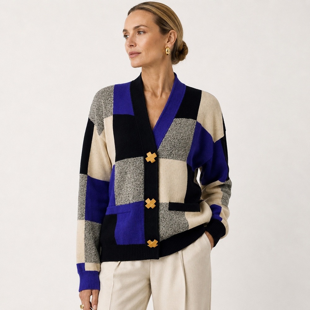 Antonella Preve Cardigan Sweater L Blue Black Colorblock Vintage 90s Designer